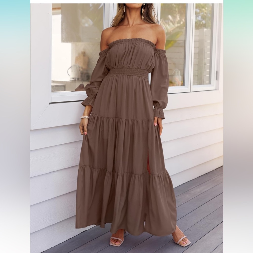 Off Shoulder Long Sleeve Smocked High Waist Side Split Flowy Long Maxi dress